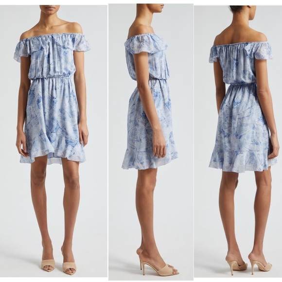L'AGENCE Leonie Silk Off the Shoulder Denim Print Flounce Trim Mini Dress Small - Picture 2 of 13